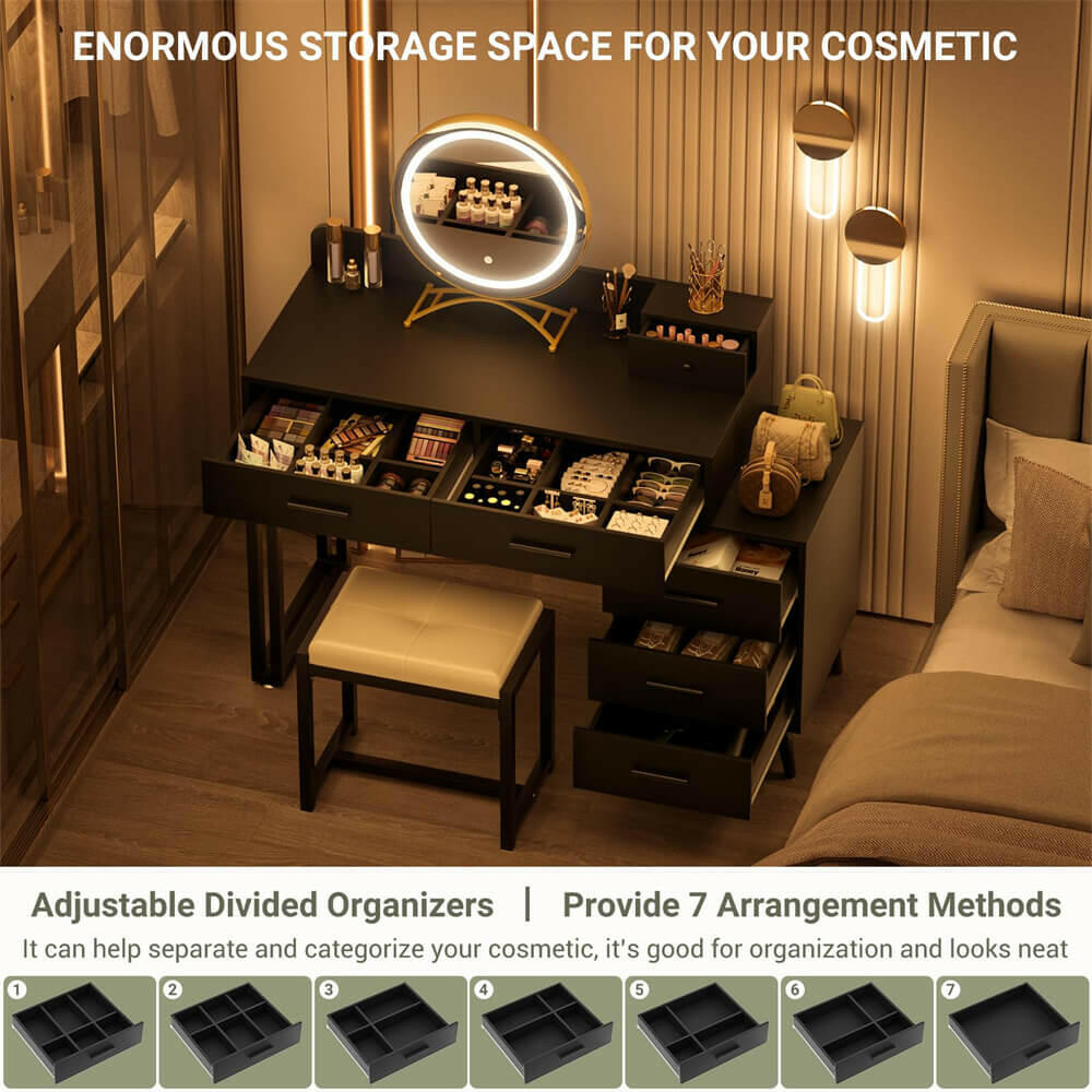 6 Drawer Makeup Vanity Desk with Stool, Lighted Mirror, Built-In Outlets