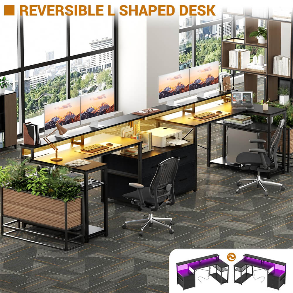 Reversible L Shaped Computer Desk Gaming Desk with File Drawer, Power Outlet & LED Strip