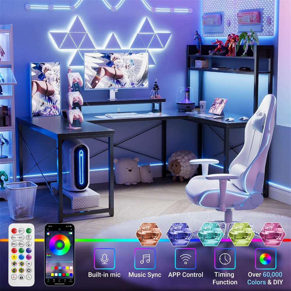 Unikito U Shaped Desk with Hutch, Reversible L Shaped Computer Desk with Power Outlets and LED Strip, Large Office Table with Monitor Stand, Large U Shape Gaming Desk