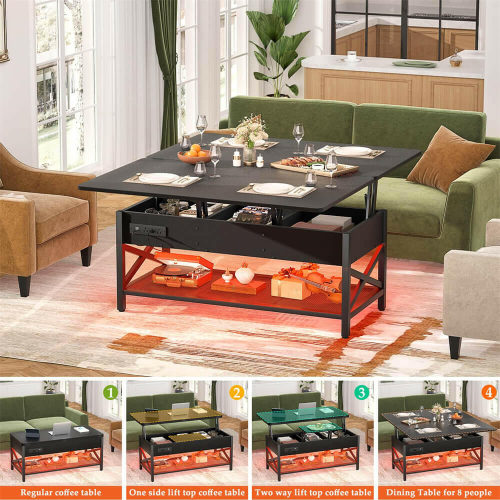 Lift Top Coffee Table, with Storage, LED Lights, and Power Outlets, for Living Room