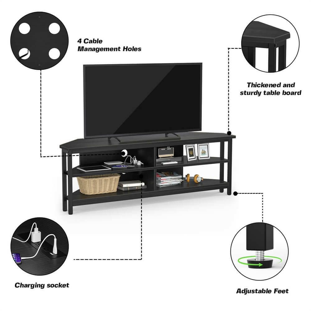 Unikito 55'' Corner TV Stand with Power Outlet, Corner Entertainment Center TV Console Table with 4 Open Storage Shelves, Metal Frame for Living Room, Bedroom, Industrial 60'' Corner TV Stand