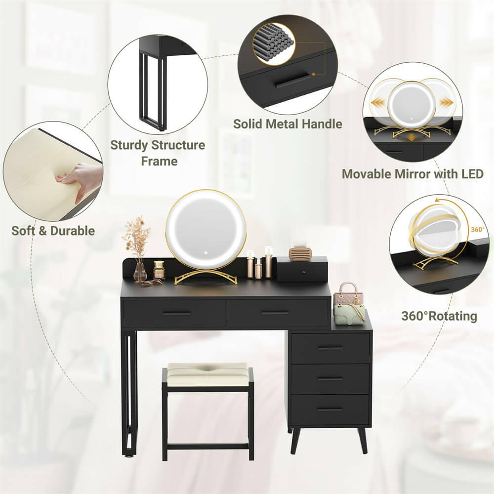 6 Drawer Makeup Vanity Desk with Stool, Lighted Mirror, Built-In Outlets