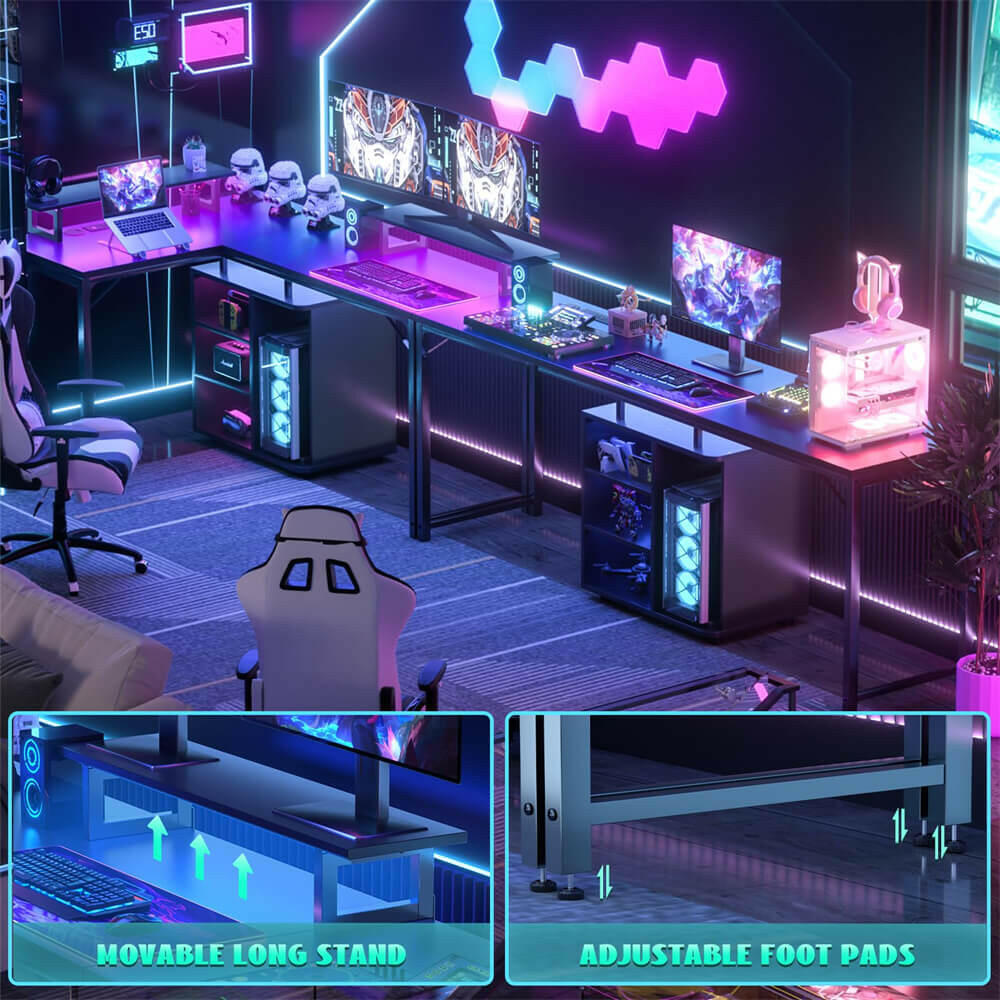Unikito L Shaped Computer Desk, 58'' Reversible Gaming Desk with LED Strip & Adjustable Monitor Stand, Office Desk with Cabinet & Power Outlets, Corner Desk 2 Person Long Writing Study Table