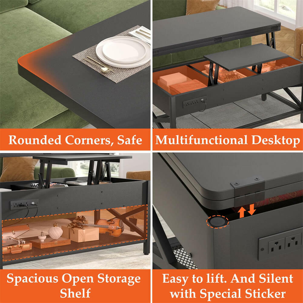 Lift Top Coffee Table, with Storage, LED Lights, and Power Outlets, for Living Room