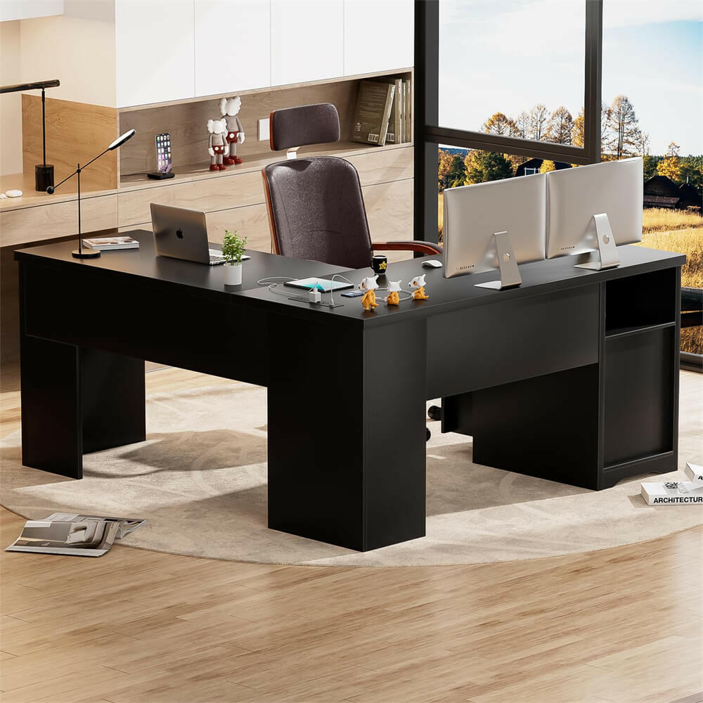 Unikito Lift Top L Shaped Desk with Drawer, Large Office Desk with Power Outlets and USB Charging Ports, Sturdy Corner Computer Desk Writing Table with Storage, L Shape Standing Desk