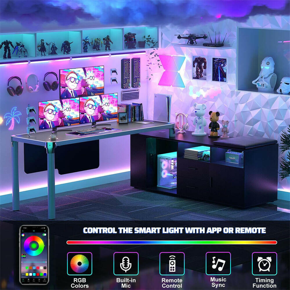 Unikito L Shaped Desk with File Cabinet and Power Strip, Reversible Corner Office Desk with LED Lights, Large L-Shaped Computer Desk with Drawer and Storage for Home Office, Soft Cushion