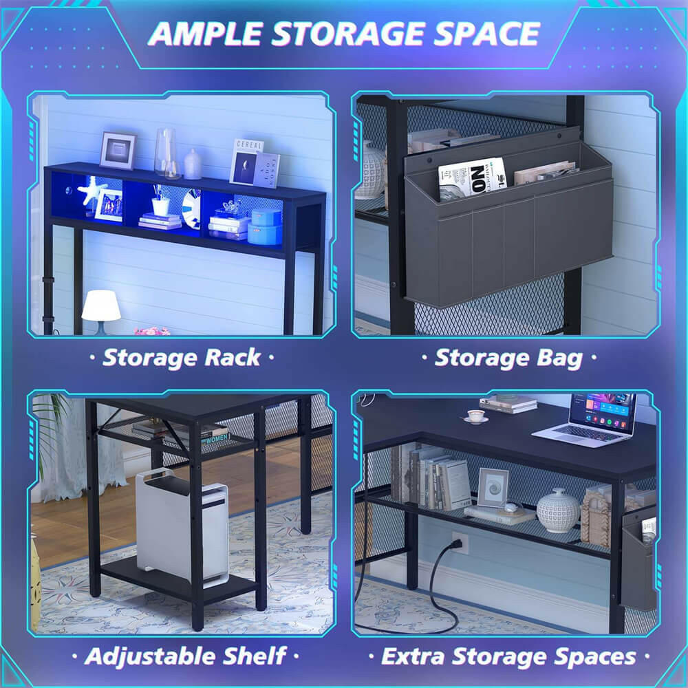 Unikito L Shaped Computer Desk with LED Strip and Power Outlets, Reversible L-Shaped Corner Desk with Storage Shelves and Bag, Industrial Home Office Desk Gaming Table with USB Port
