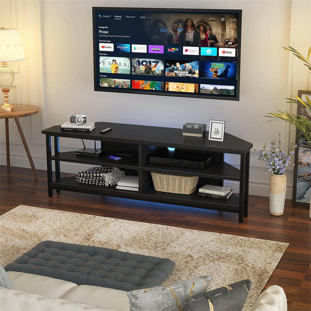 Unikito 55'' Corner TV Stand with Power Outlet, Corner Entertainment Center TV Console Table with 4 Open Storage Shelves, Metal Frame for Living Room, Bedroom, Industrial 60'' Corner TV Stand