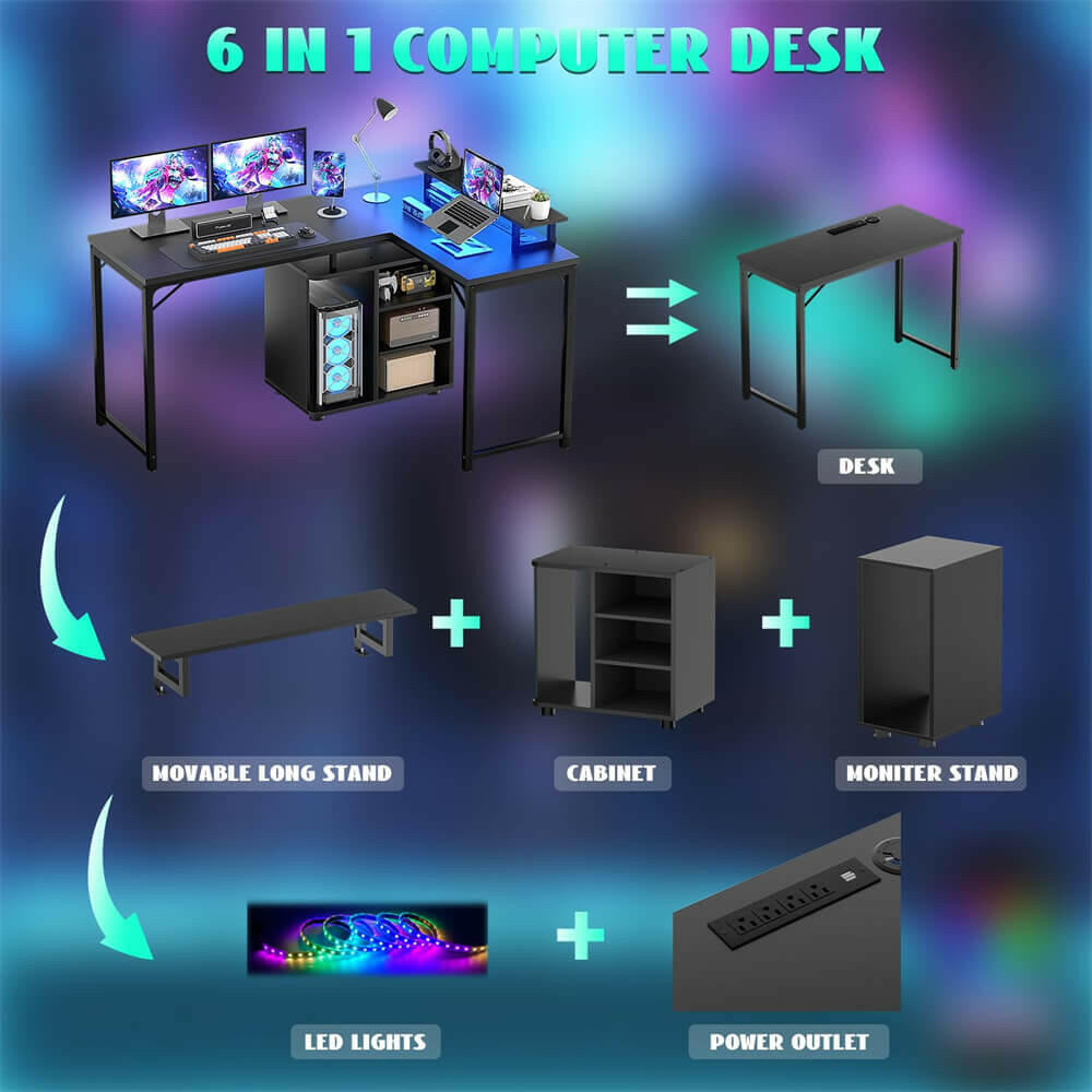 Unikito L Shaped Computer Desk, 58'' Reversible Gaming Desk with LED Strip & Adjustable Monitor Stand, Office Desk with Cabinet & Power Outlets, Corner Desk 2 Person Long Writing Study Table