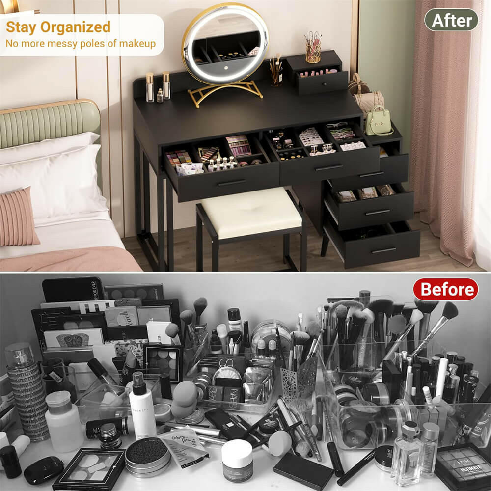 6 Drawer Makeup Vanity Desk with Stool, Lighted Mirror, Built-In Outlets