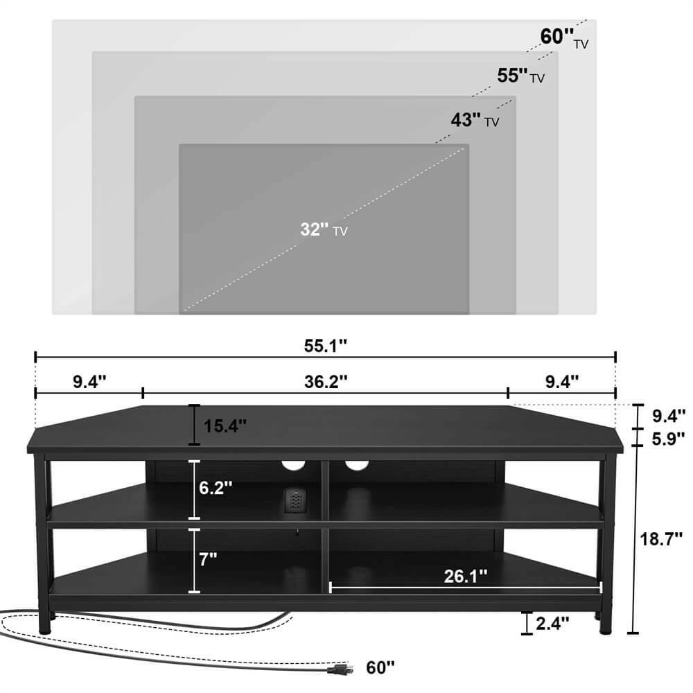 Unikito 55'' Corner TV Stand with Power Outlet, Corner Entertainment Center TV Console Table with 4 Open Storage Shelves, Metal Frame for Living Room, Bedroom, Industrial 60'' Corner TV Stand