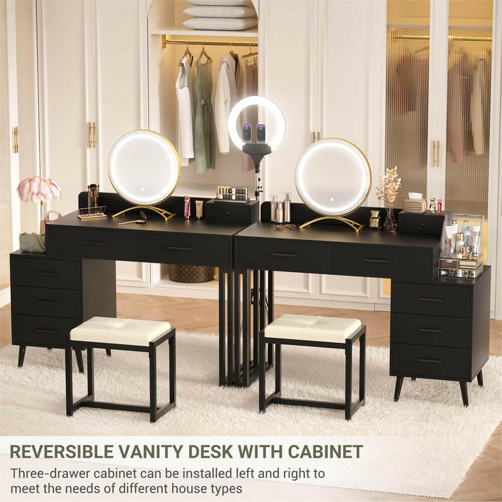 6 Drawer Makeup Vanity Desk with Stool, Lighted Mirror, Built-In Outlets