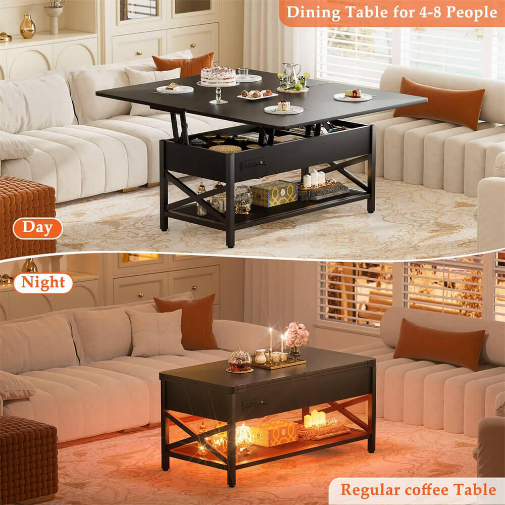 Lift Top Coffee Table, with Storage, LED Lights, and Power Outlets, for Living Room