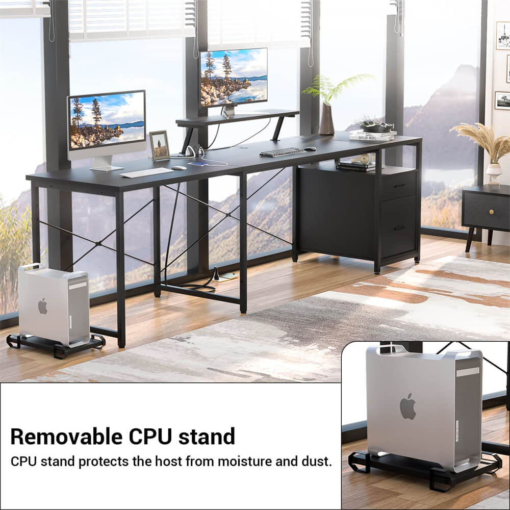 Unikito L-Shaped Desk with Power Outlet and LED Strip, Reversible File Drawer and Monitor Stand, Gaming Table Writing Desk for Home Office Workstation