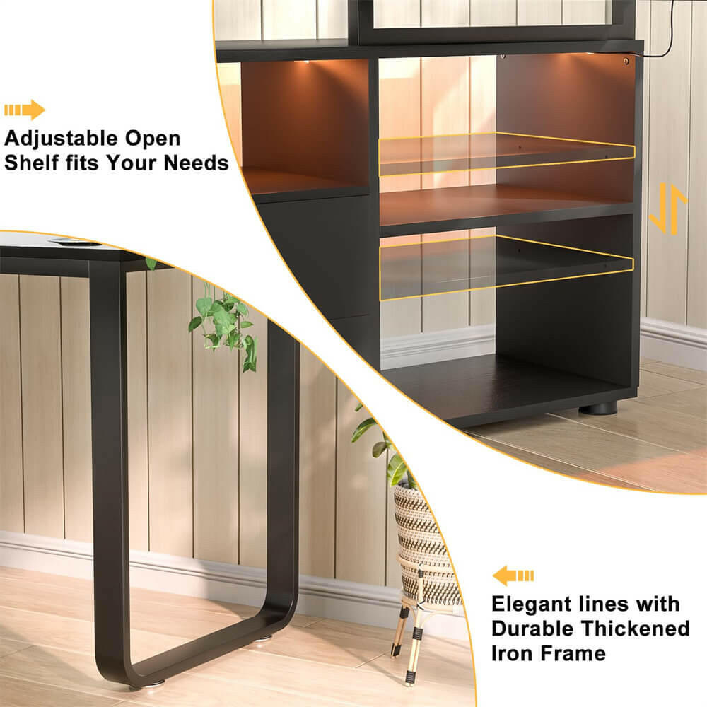 Unikito L Shaped Desk with File Cabinet & Power Outlet, Reversible 55 Inch Large Corner Computer Desks with LED Strip, L-Shaped Computer Desk with Drawers and Storage Shelves