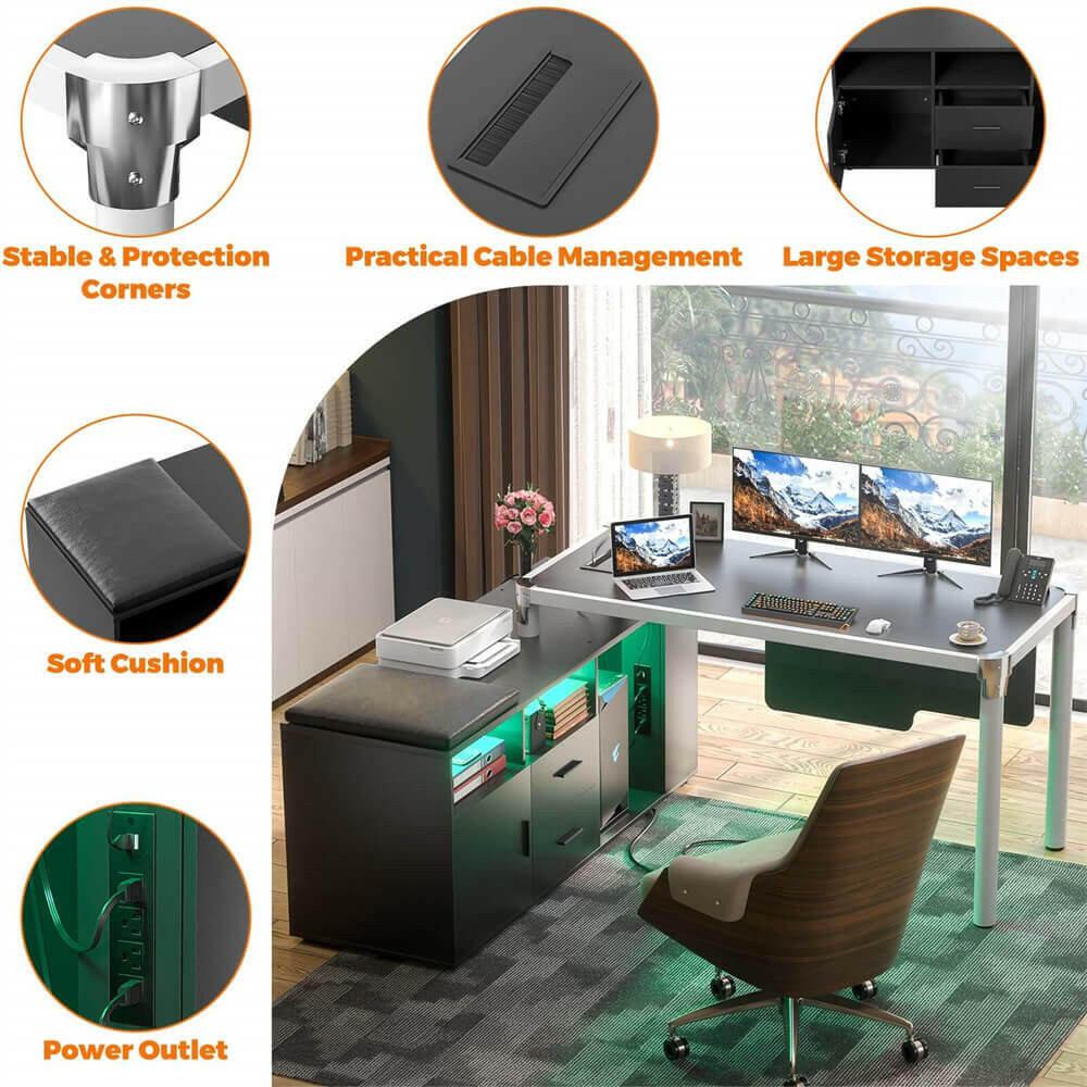 Unikito L Shaped Desk with File Cabinet and Power Strip, Reversible Corner Office Desk with LED Lights, Large L-Shaped Computer Desk with Drawer and Storage for Home Office, Soft Cushion