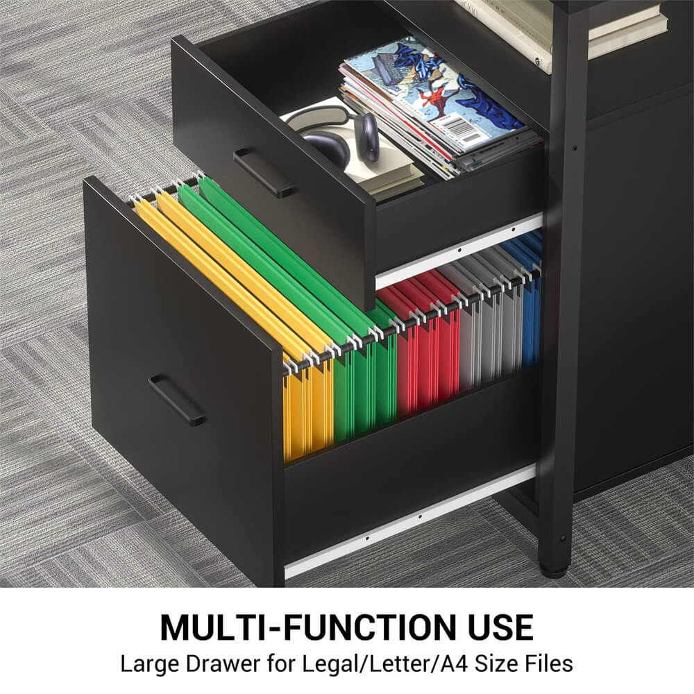 Unikito L-Shaped Desk with Power Outlet and LED Strip, Reversible File Drawer and Monitor Stand, Gaming Table Writing Desk for Home Office Workstation