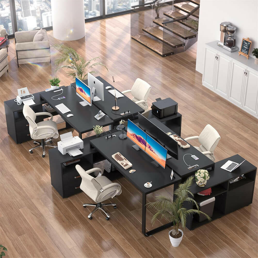 Unikito L Shaped Desk with File Cabinet & Power Outlet, Reversible 55 Inch Large Corner Computer Desks with LED Strip, L-Shaped Computer Desk with Drawers and Storage Shelves