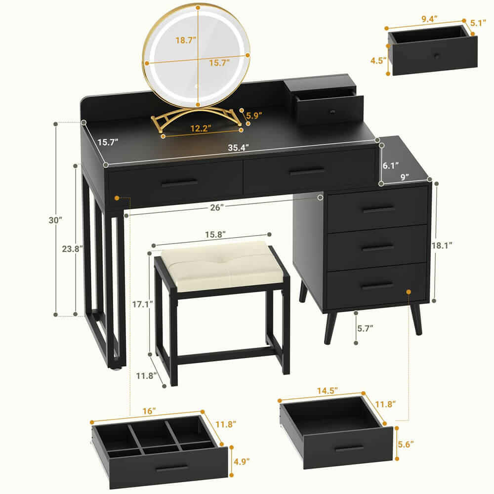 6 Drawer Makeup Vanity Desk with Stool, Lighted Mirror, Built-In Outlets
