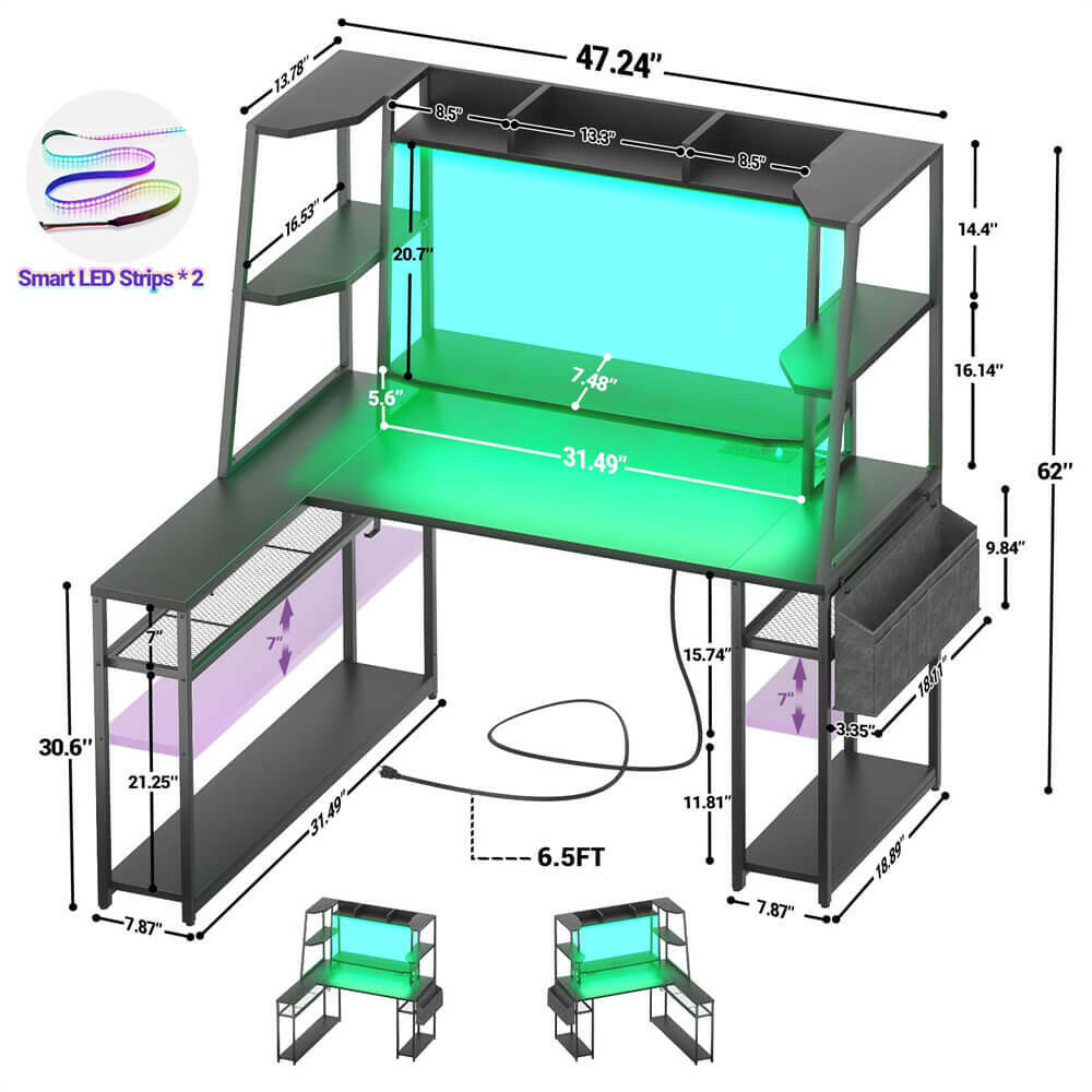 Unikito L Shaped Gaming Desk with Hutch & Shelves, 47'' Gaming Computer Desk with LED Lights & Power Strips, Reversible PC Gaming Desk L Shape with Storage, L Desk for Gaming with Monitor Stand
