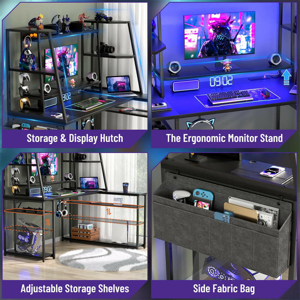 Unikito L Shaped Gaming Desk with Hutch & Shelves, 47'' Gaming Computer Desk with LED Lights & Power Strips, Reversible PC Gaming Desk L Shape with Storage, L Desk for Gaming with Monitor Stand
