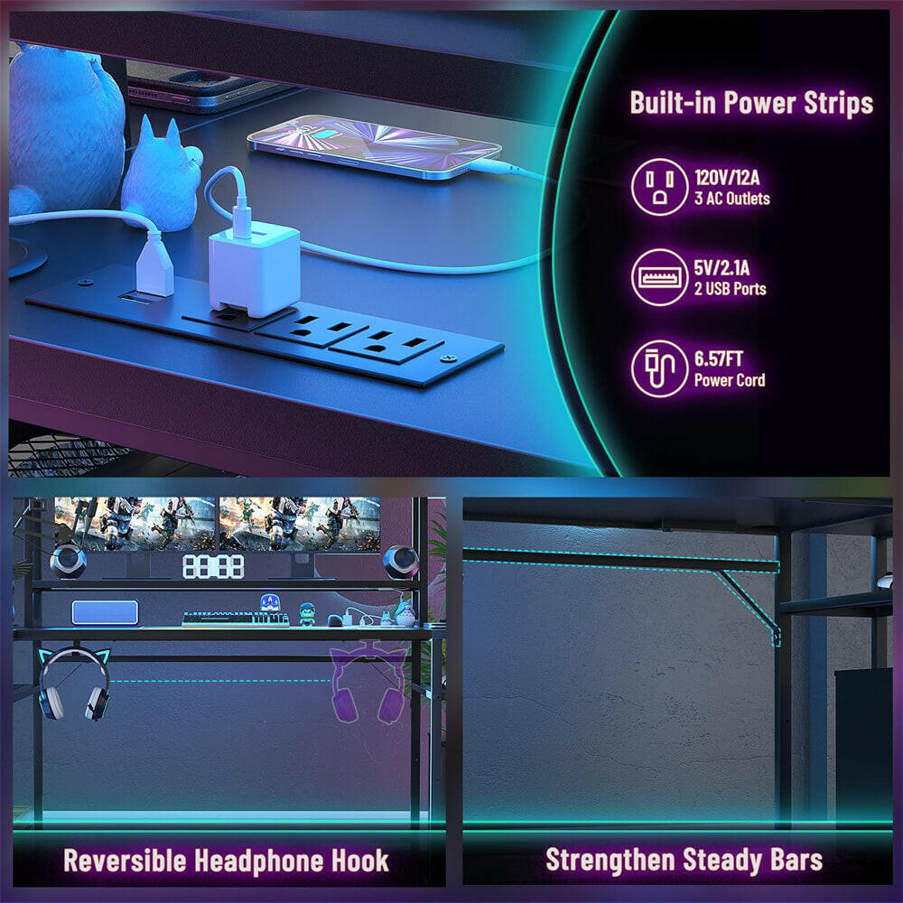 Unikito L Shaped Gaming Desk with Hutch & Shelves, 47'' Gaming Computer Desk with LED Lights & Power Strips, Reversible PC Gaming Desk L Shape with Storage, L Desk for Gaming with Monitor Stand