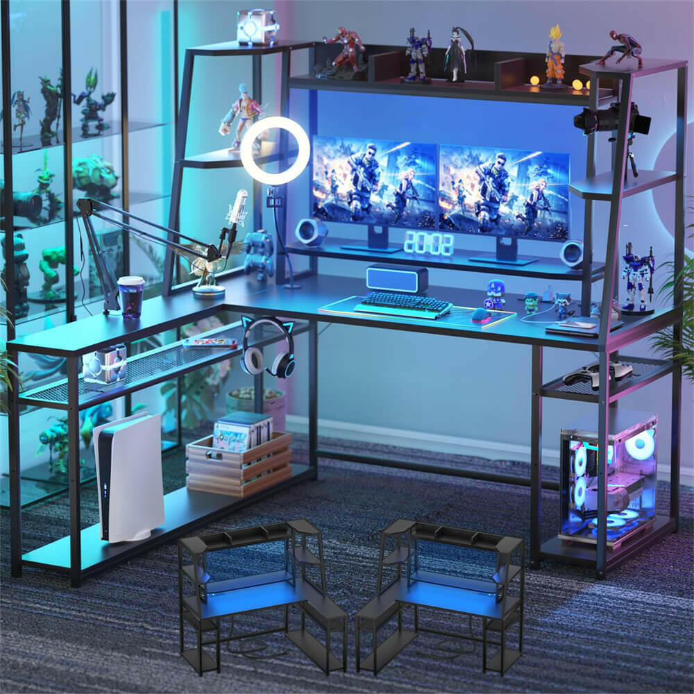 Unikito L Shaped Gaming Desk with LED Lights & Power Strips, 63'' Reversible Gaming Table Desk with Hutch, L-Shaped PC Gaming Desk with Storage, L Gamer Desk with Monitor Stand & Hook