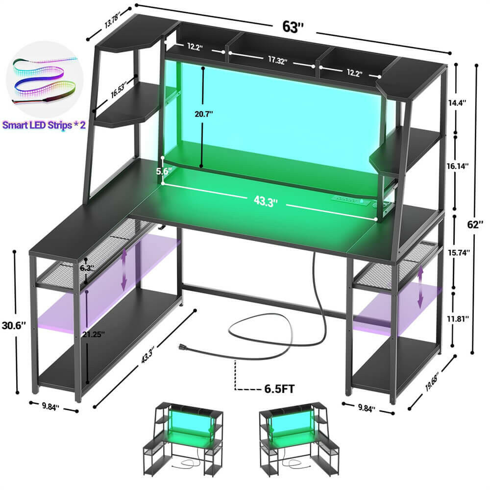 Unikito L Shaped Gaming Desk with LED Lights & Power Strips, 63'' Reversible Gaming Table Desk with Hutch, L-Shaped PC Gaming Desk with Storage, L Gamer Desk with Monitor Stand & Hook