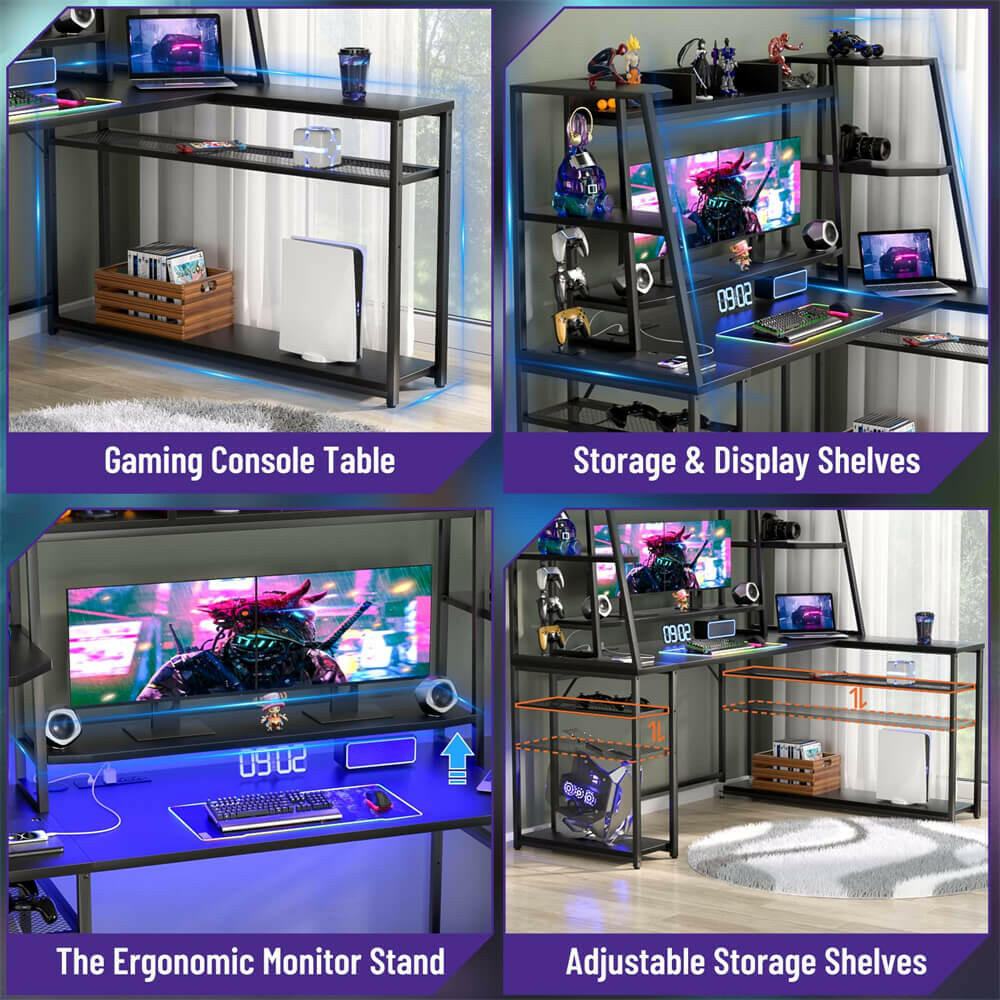 Unikito L Shaped Gaming Desk with LED Lights & Power Strips, 63'' Reversible Gaming Table Desk with Hutch, L-Shaped PC Gaming Desk with Storage, L Gamer Desk with Monitor Stand & Hook
