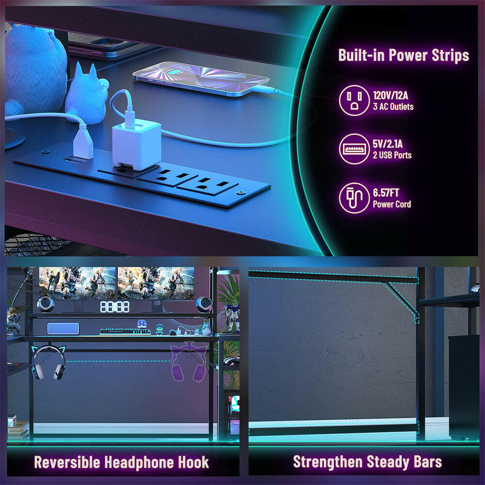 Unikito L Shaped Gaming Desk with LED Lights & Power Strips, 63'' Reversible Gaming Table Desk with Hutch, L-Shaped PC Gaming Desk with Storage, L Gamer Desk with Monitor Stand & Hook