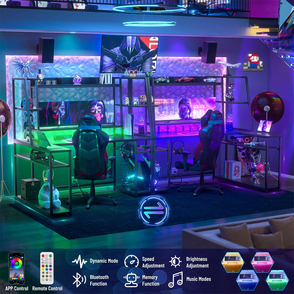 Unikito L Shaped Gaming Desk with LED Lights & Power Strips, 63'' Reversible Gaming Table Desk with Hutch, L-Shaped PC Gaming Desk with Storage, L Gamer Desk with Monitor Stand & Hook