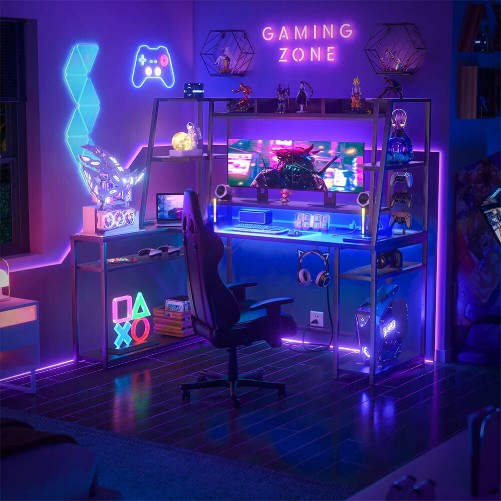 Unikito L Shaped Gaming Desk with LED Lights & Power Strips, 63'' Reversible Gaming Table Desk with Hutch, L-Shaped PC Gaming Desk with Storage, L Gamer Desk with Monitor Stand & Hook