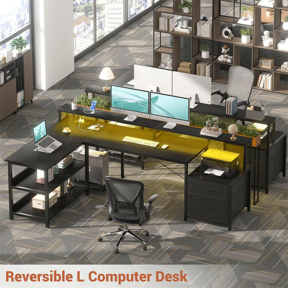 Unikito L Shaped Desk with File Drawer, 72.8" Reversible L Shaped Computer Desk with Power Outlet & LED Strip, Gaming Desk with Monitor Stand, Office Desk Corner Desk with Storage Shelf