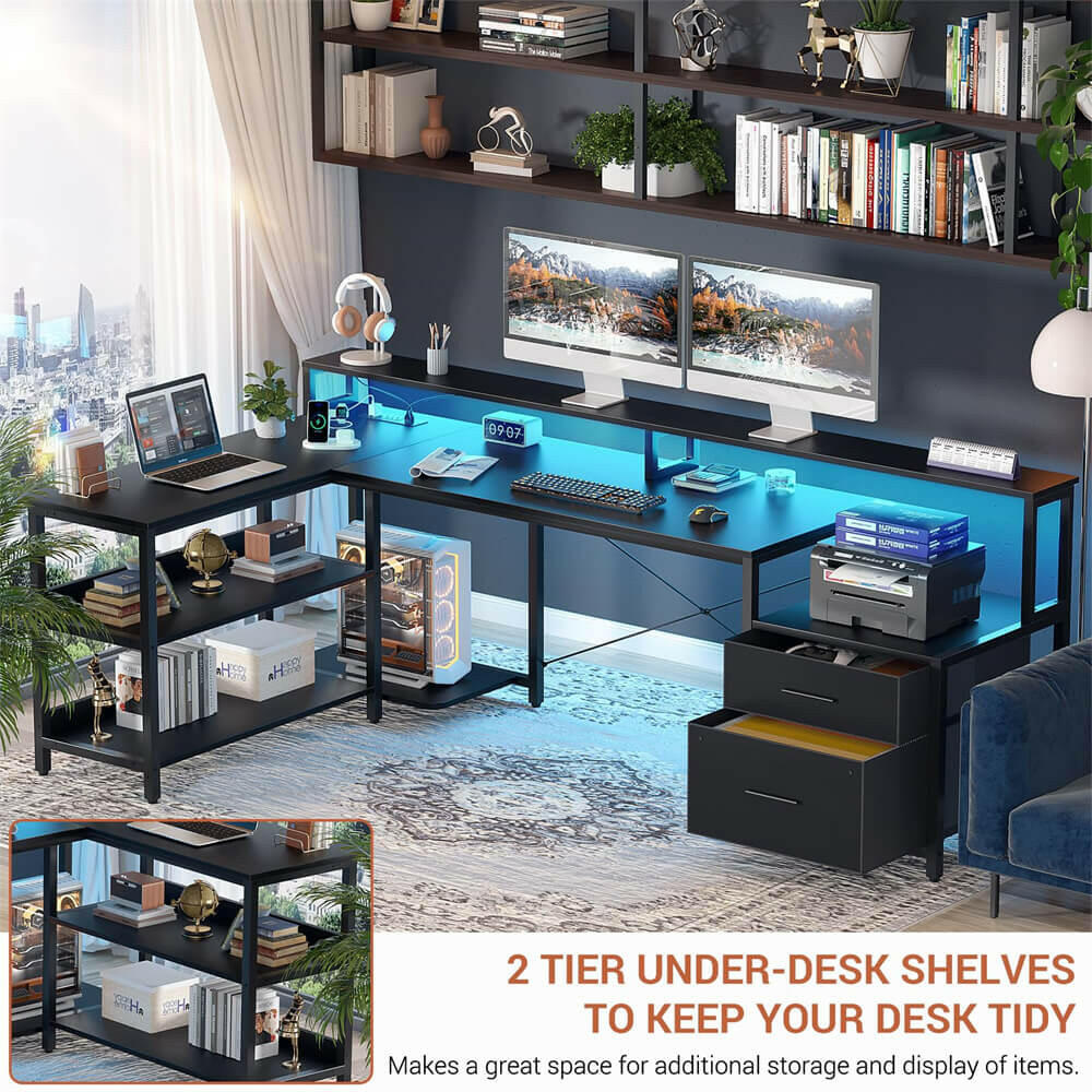 Unikito L Shaped Desk with File Drawer, 72.8" Reversible L Shaped Computer Desk with Power Outlet & LED Strip, Gaming Desk with Monitor Stand, Office Desk Corner Desk with Storage Shelf