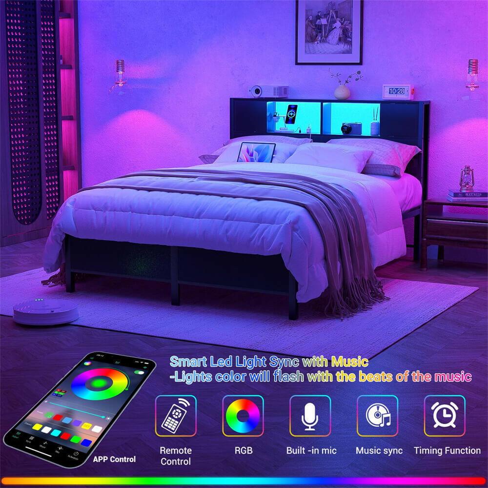 Unikito Full Size Bed Frame with Storage Headboard and Charging Station, Industrial Platform Metal Bed with LED Lights, Steel Slat Support, No Box Spring Needed, Noise-Free, Easy Assembly