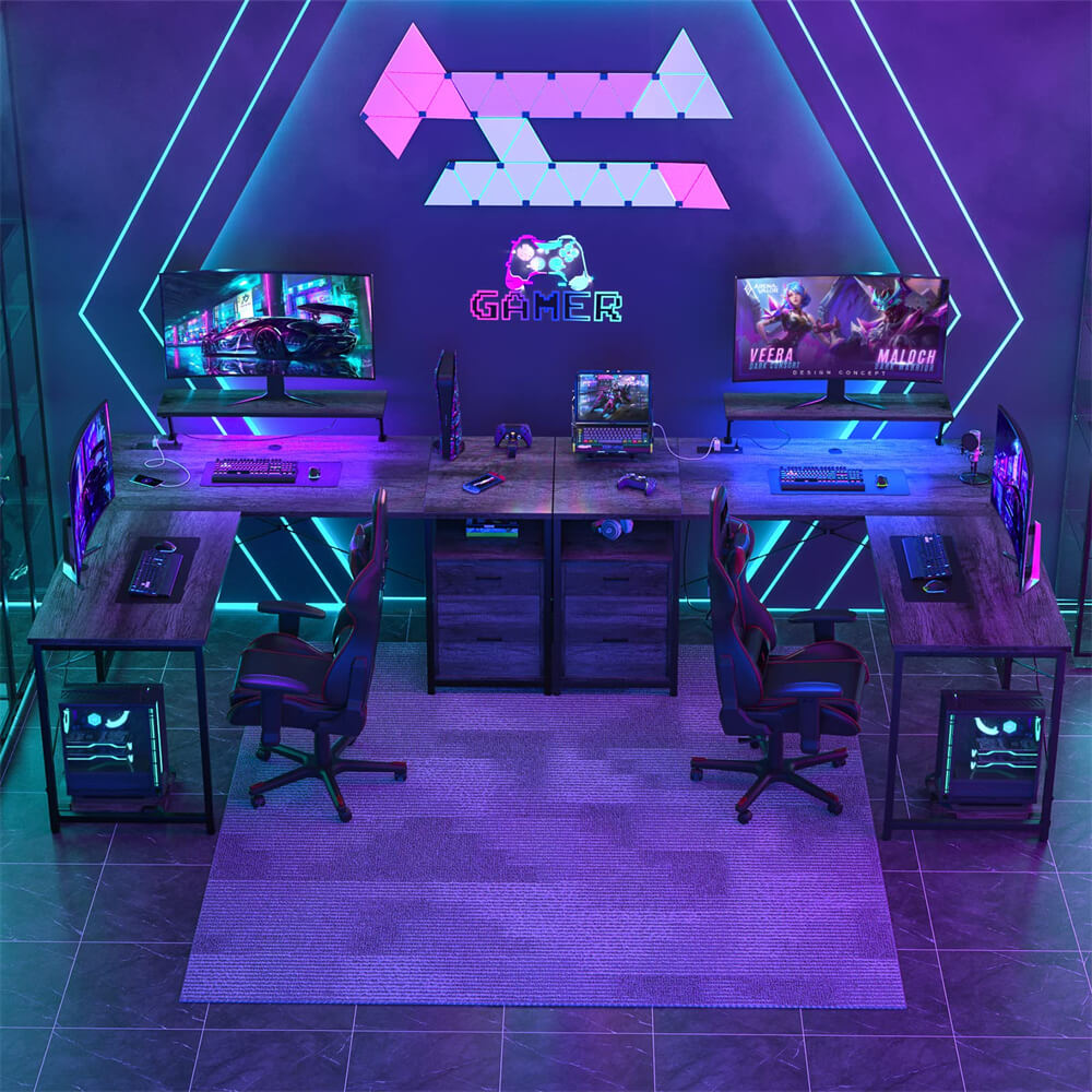 Unikito L-Shaped Desk with Power Outlet and LED Strip, Reversible File Drawer and Monitor Stand, Gaming Table Writing Desk for Home Office Workstation