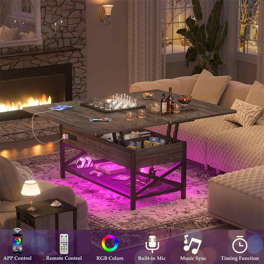 Lift Top Coffee Table, with Storage, LED Lights, and Power Outlets, for Living Room