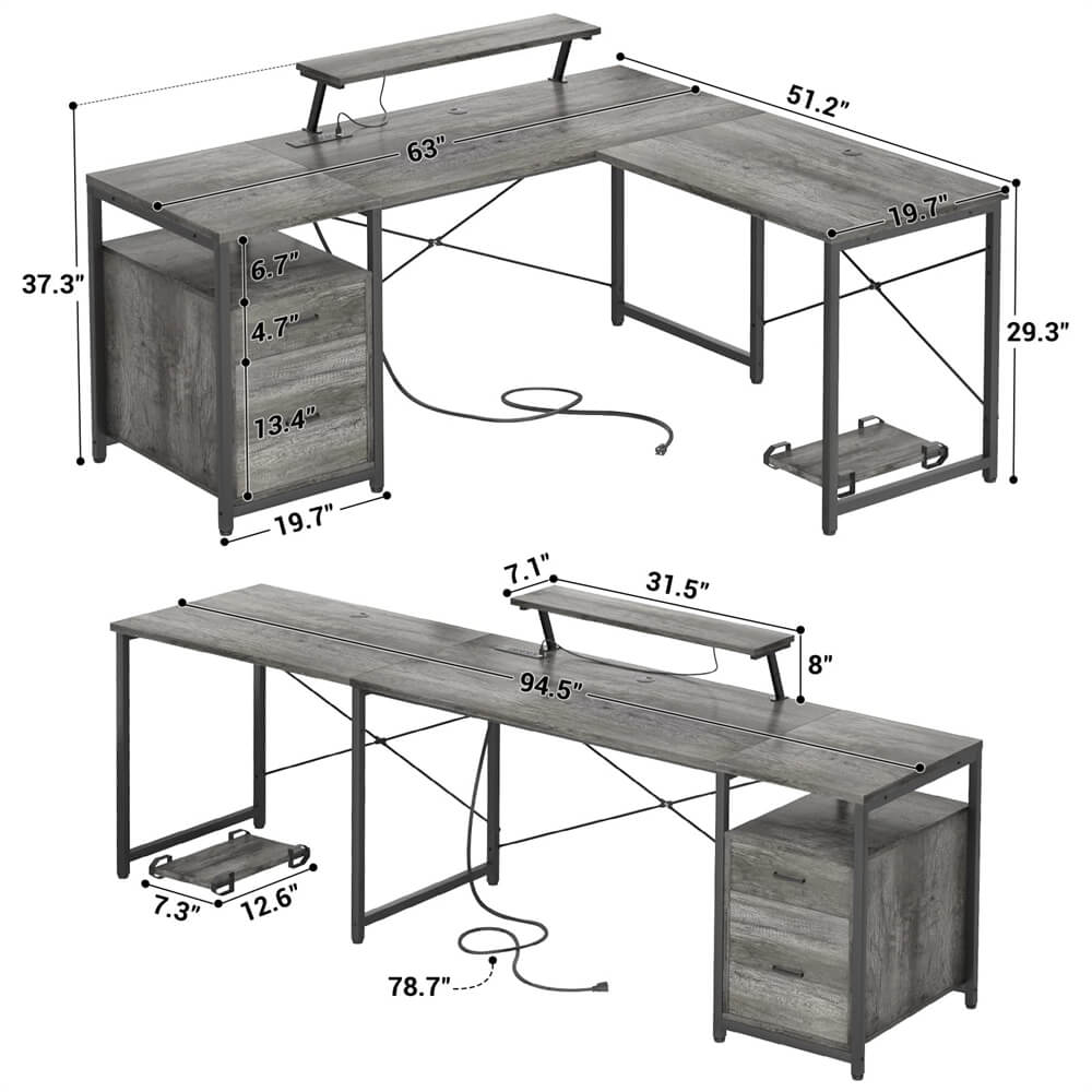 Unikito L-Shaped Desk with Power Outlet and LED Strip, Reversible File Drawer and Monitor Stand, Gaming Table Writing Desk for Home Office Workstation