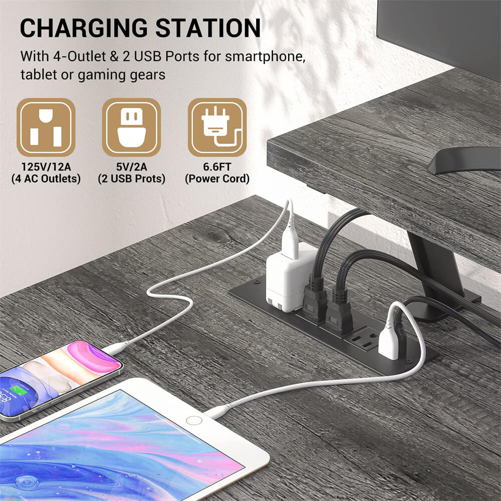 Unikito L-Shaped Desk with Power Outlet and LED Strip, Reversible File Drawer and Monitor Stand, Gaming Table Writing Desk for Home Office Workstation