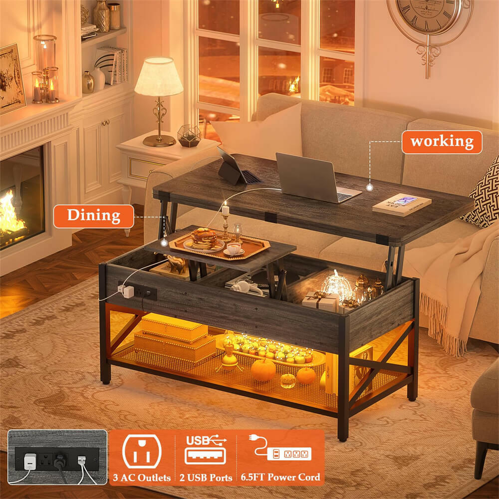 Lift Top Coffee Table, with Storage, LED Lights, and Power Outlets, for Living Room