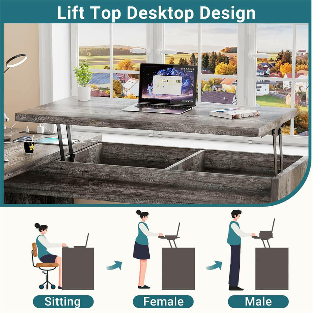 Unikito Lift Top L Shaped Desk with Drawer, Large Office Desk with Power Outlets and USB Charging Ports, Sturdy Corner Computer Desk Writing Table with Storage, L Shape Standing Desk