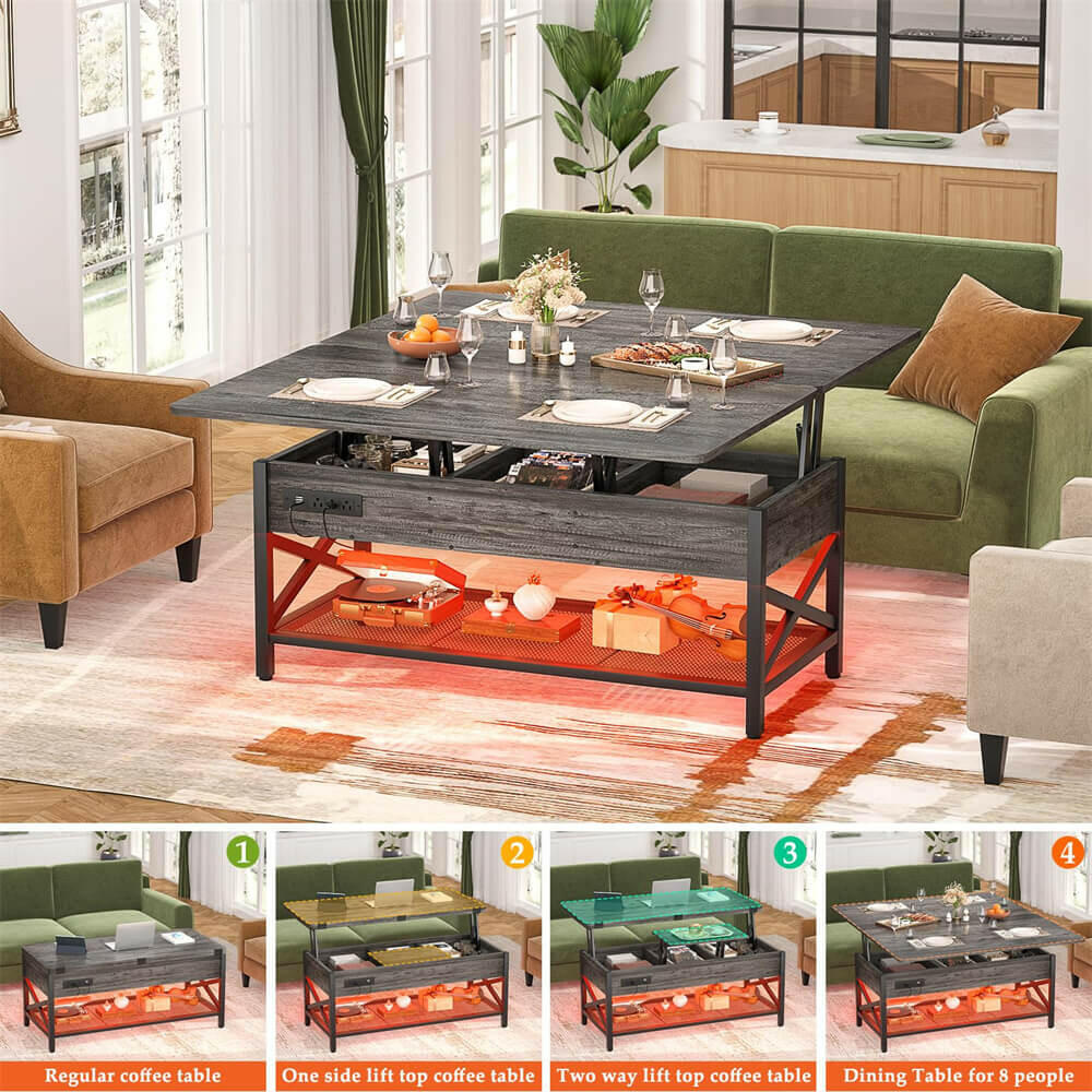 Lift Top Coffee Table, with Storage, LED Lights, and Power Outlets, for Living Room