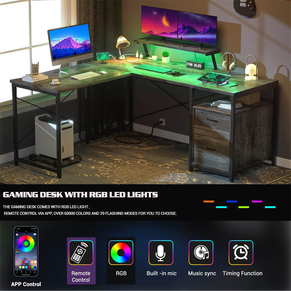 Unikito L-Shaped Desk with Power Outlet and LED Strip, Reversible File Drawer and Monitor Stand, Gaming Table Writing Desk for Home Office Workstation