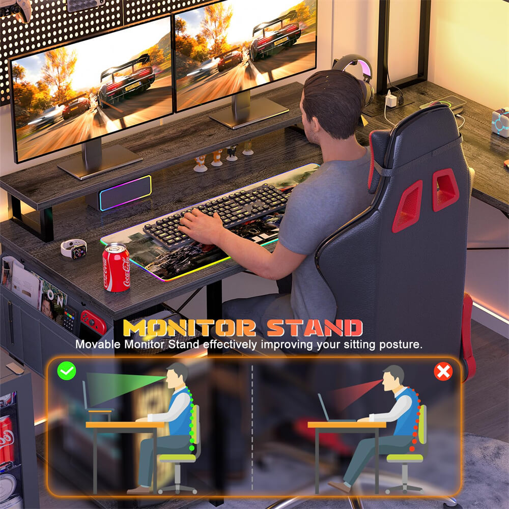 Small L Shaped Computer Desk with LED Lights & Power Outlets, Reversible Design, with Shelf, Side Storage Bag