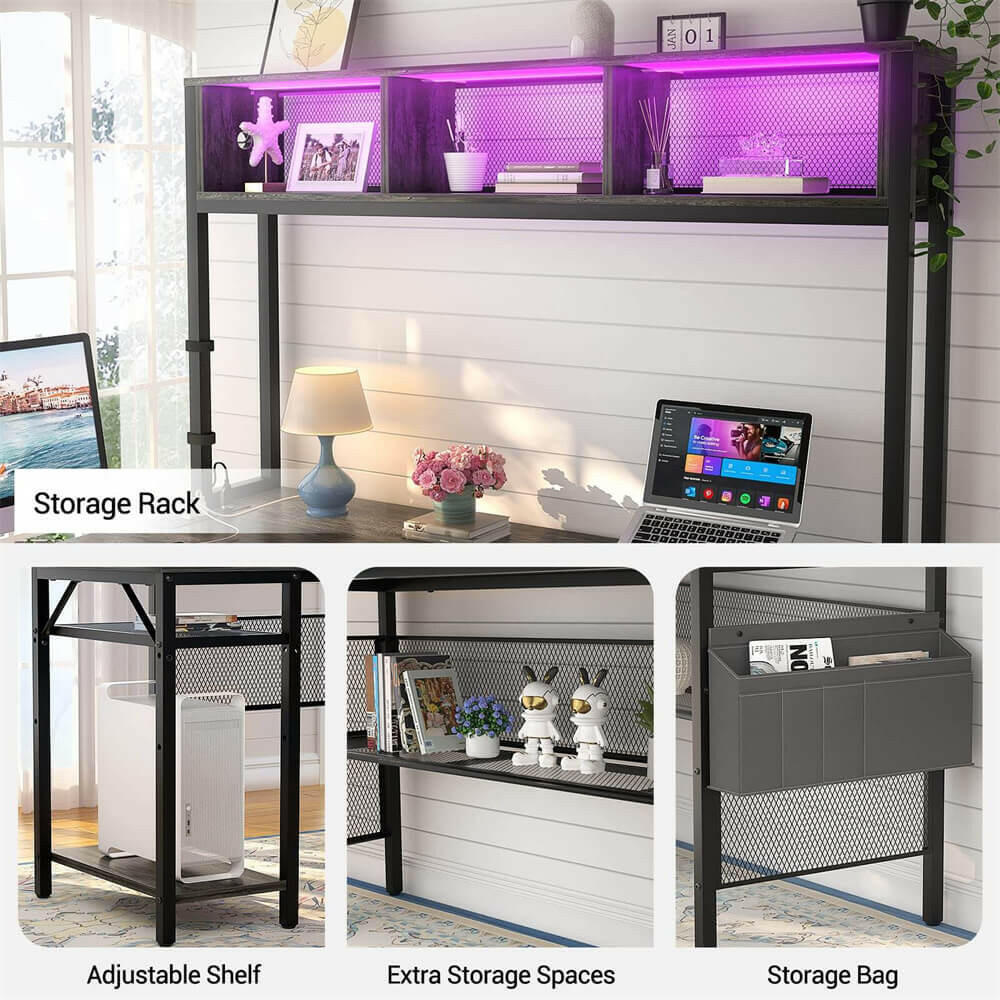 Unikito L Shaped Computer Desk with LED Strip and Power Outlets, Reversible L-Shaped Corner Desk with Storage Shelves and Bag, Industrial Home Office Desk Gaming Table with USB Port