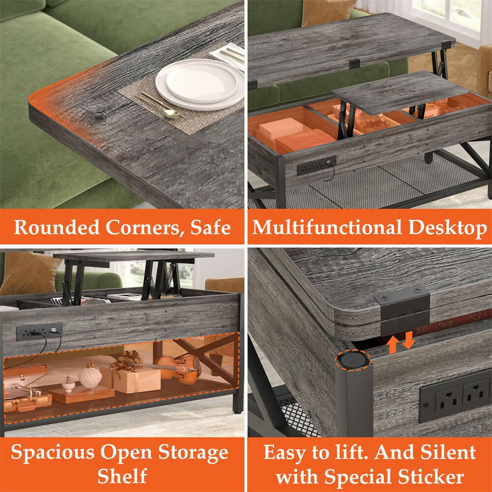 Lift Top Coffee Table, with Storage, LED Lights, and Power Outlets, for Living Room