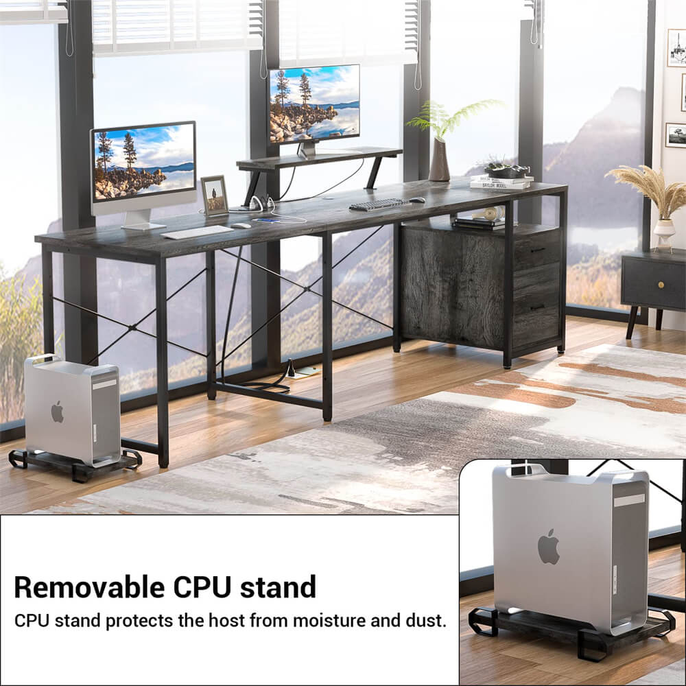 Unikito L-Shaped Desk with Power Outlet and LED Strip, Reversible File Drawer and Monitor Stand, Gaming Table Writing Desk for Home Office Workstation