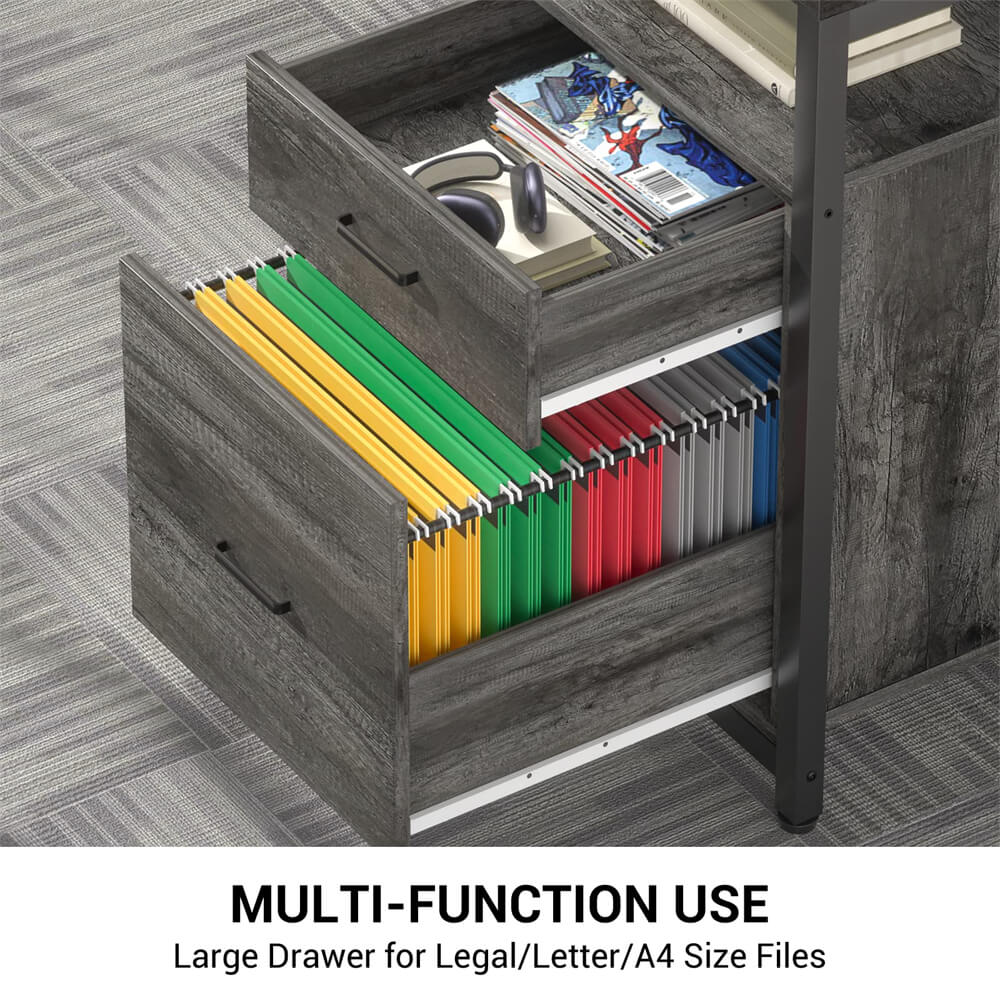 Unikito L-Shaped Desk with Power Outlet and LED Strip, Reversible File Drawer and Monitor Stand, Gaming Table Writing Desk for Home Office Workstation