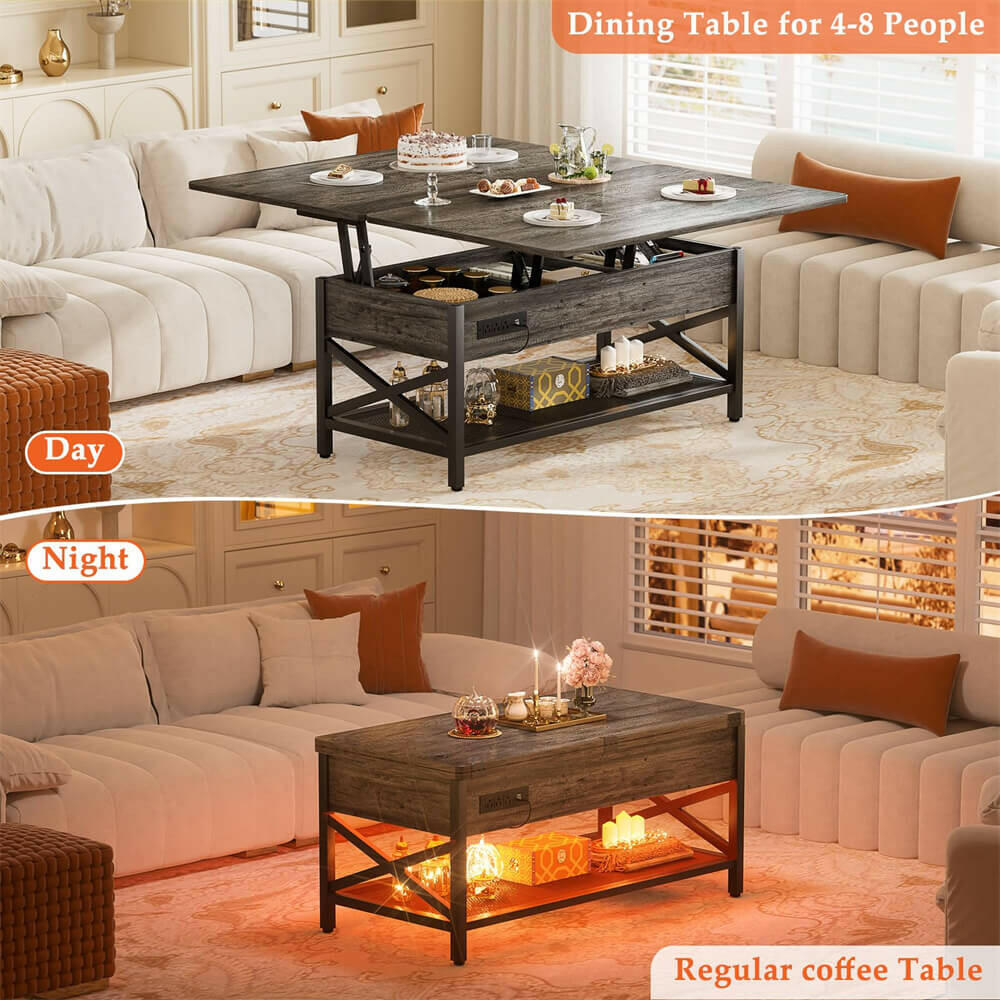 Lift Top Coffee Table, with Storage, LED Lights, and Power Outlets, for Living Room