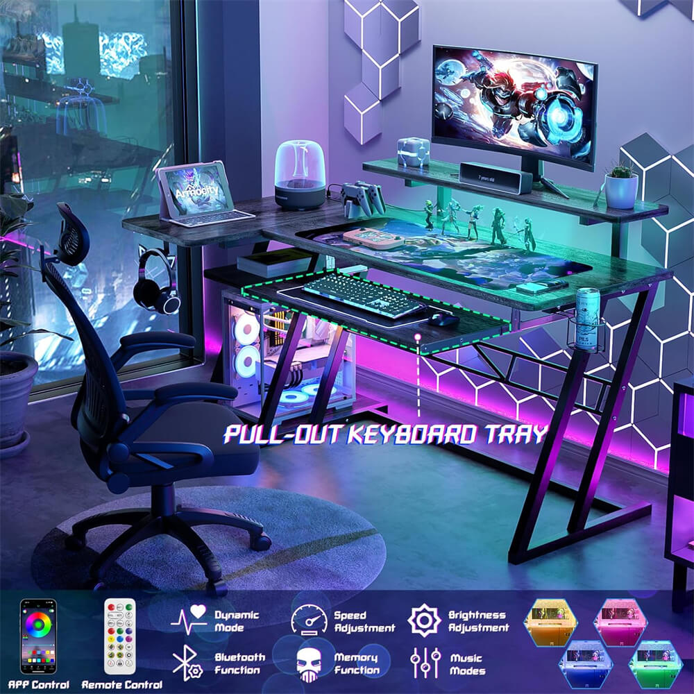 47'' Gaming Desk with Power Outlets and LED Lights, L Shaped Gaming Desk with Keyboard Holder